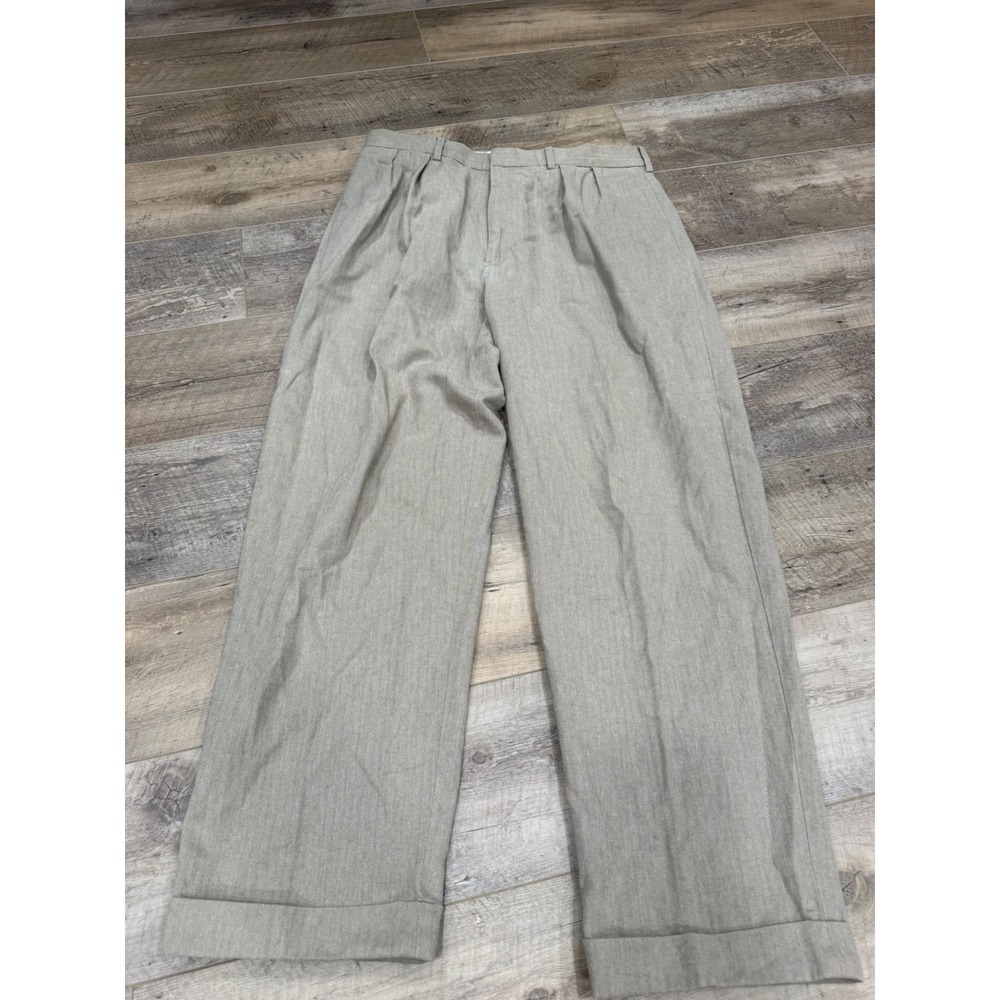 Polo Ralph Lauren Mens 36x30 Herringbone Pleated Cotton Trousers Tan Cuffed
